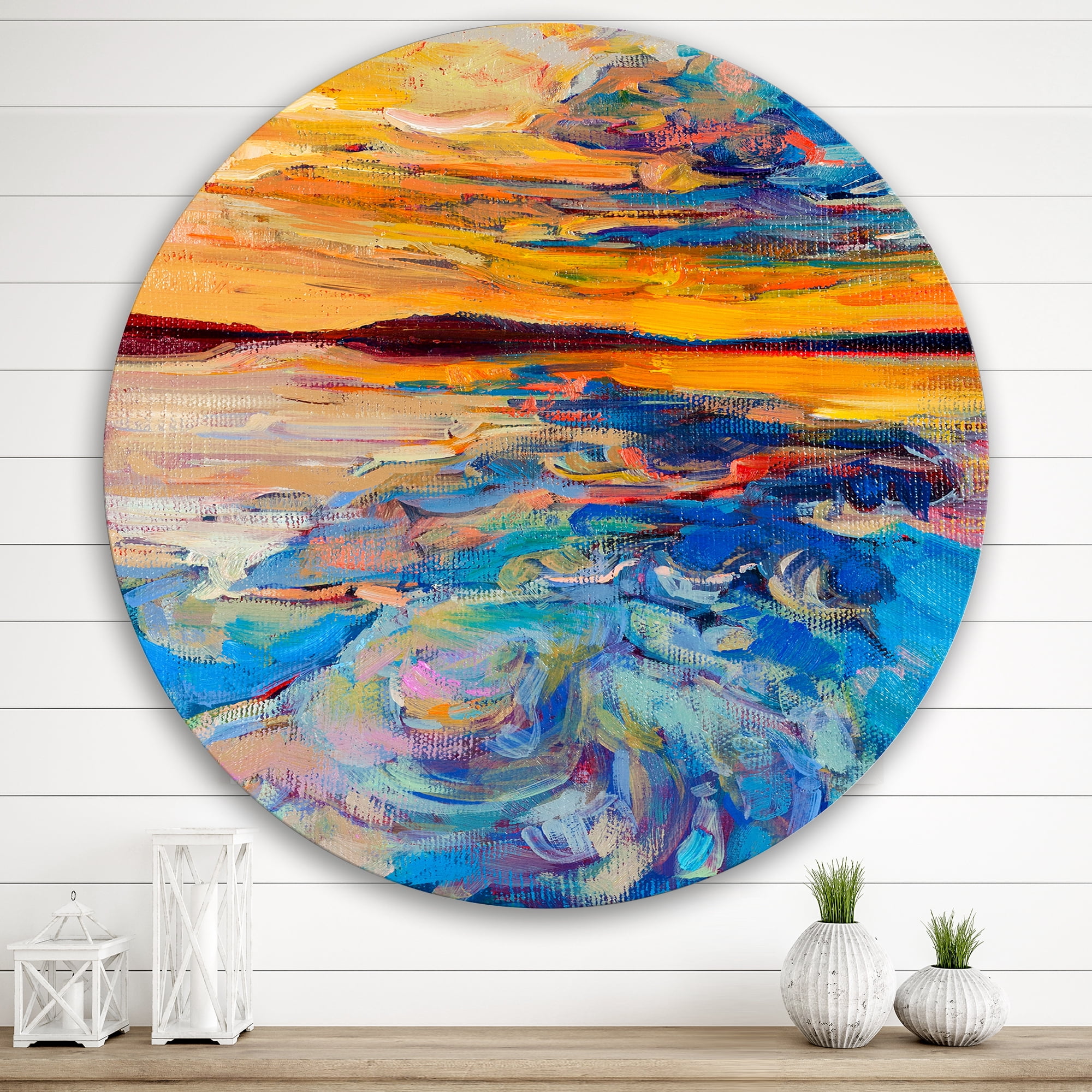 Designart 'Whirly Blue Waves Under Orange Sunset' Nautical & Coastal Circle Metal Wall Art 29x29 - Disc of 29