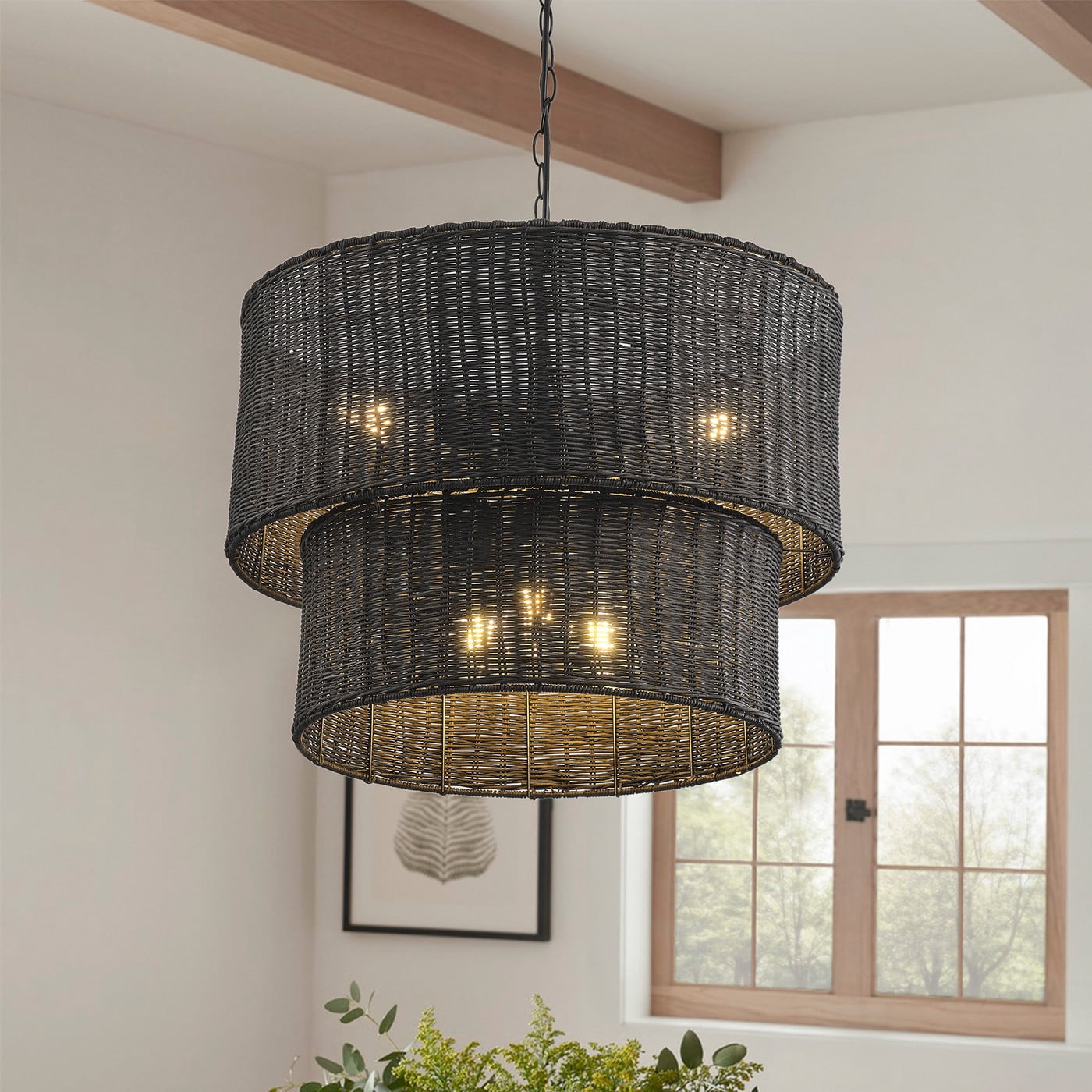 Aiwen Black 2-Tier Wicker Chandelier Rustic Pendant Light Fixture for Bedroom Foyer Kitchen Hallway