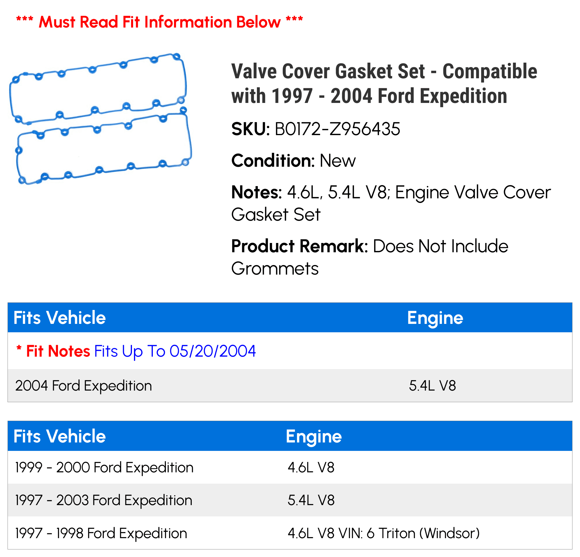 Valve Cover Gasket Set - Compatible with 1997 - 2004 Ford Expedition 1998 1999 2000 2001 2002 2003