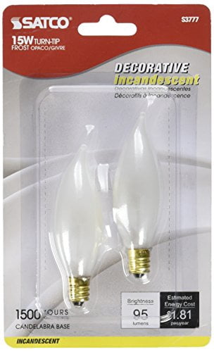 Satco S3777 - 15 watt CA8 Incandescent; Frost; 1500 average rated hours; 95 lumens; Candelabra base; 120 volts; 2/Card