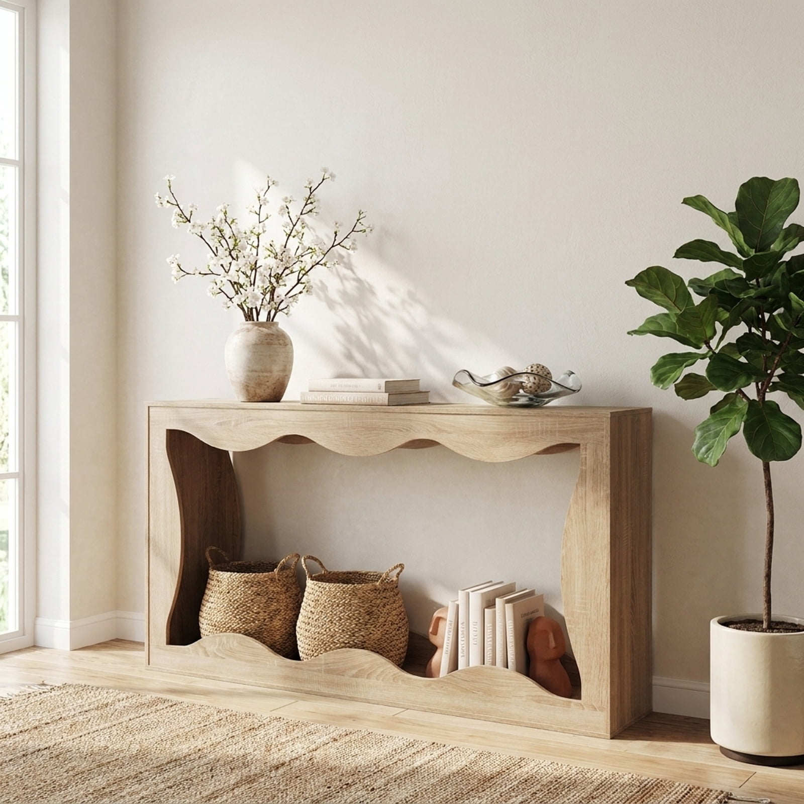 Furnibear 63 Inch Long Narrow Console Table 2 Tier Entryway Table with Wavy Edge Storage Shelf for Hallway Living Room, Natural