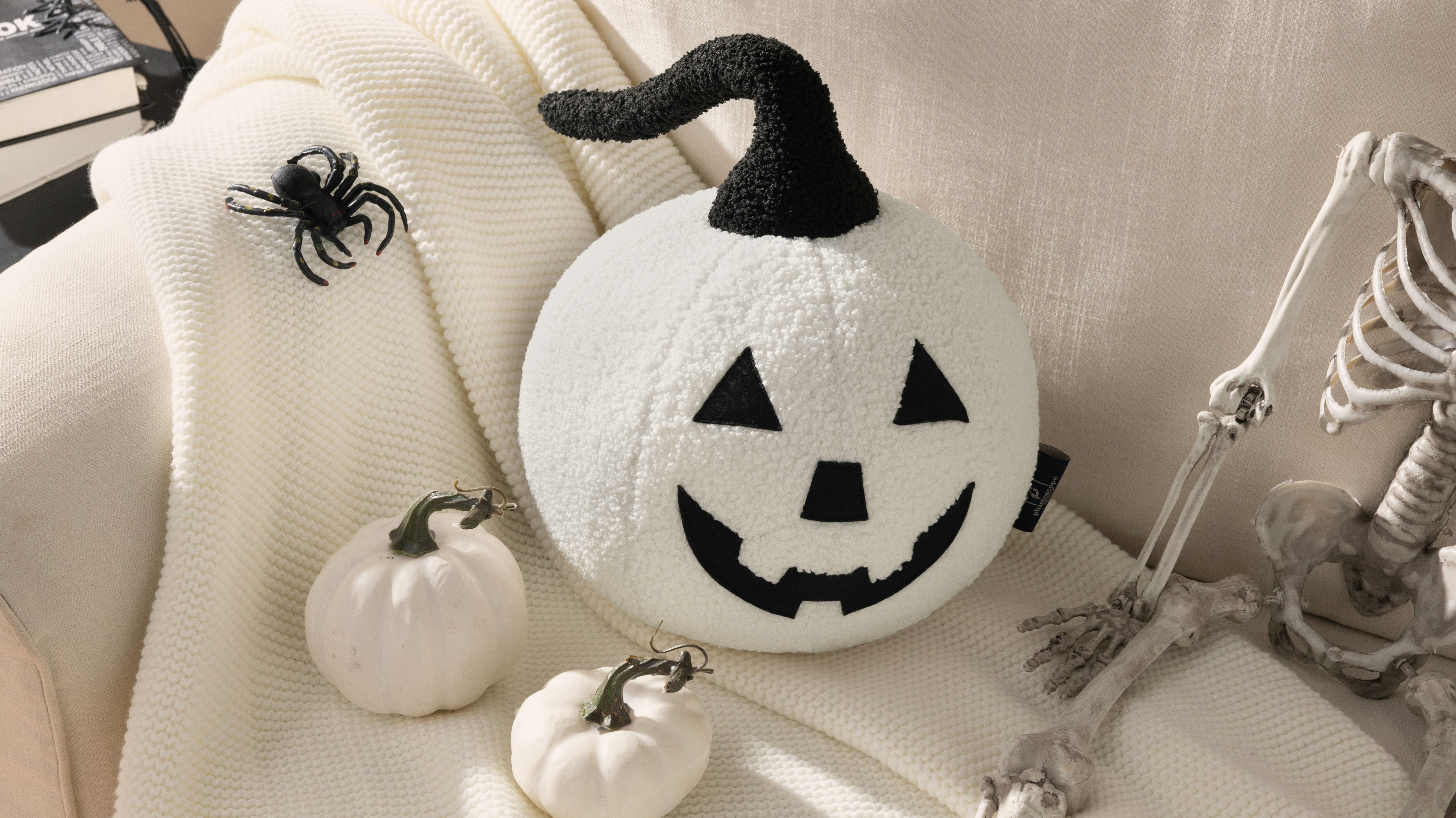 Phantoscope Halloween Pumpkin Shaped Throw Pillow, Jack-o’-Lantern Face, Soft Teddy Fleece Decorative Pillow, Off White, 9.5 x 9.5 in