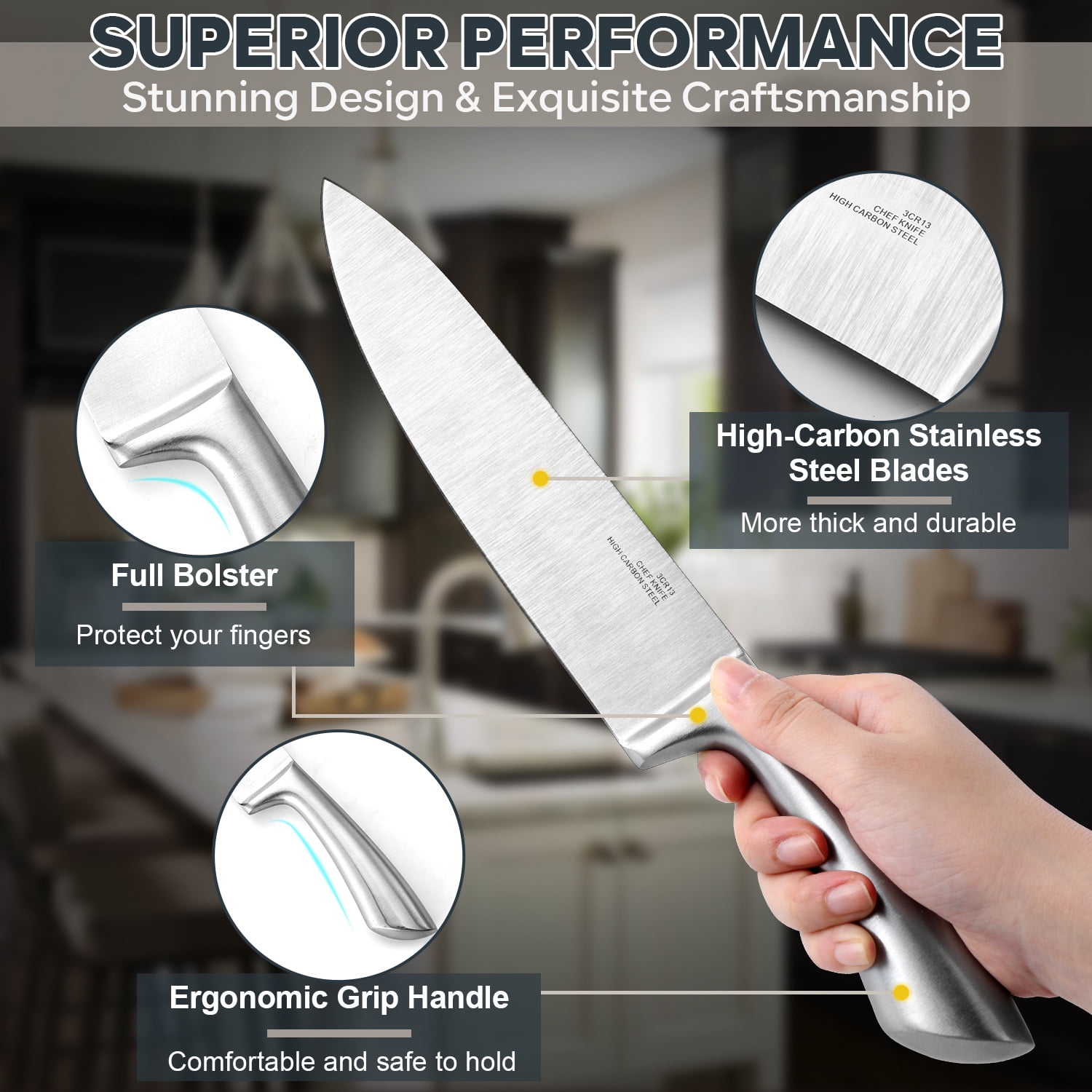 Vesteel Knife Set, 15 Pcs High Carbon Stainless Steel Knife Block Set Kitchen Knives with Sharpener Kitchen Shears, Ergonomic Handle & Sharp Blade
