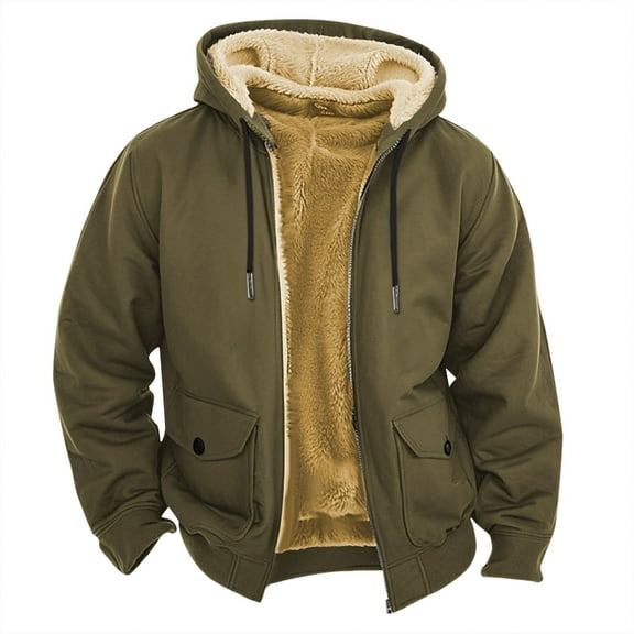 Men's Winter Casual Hooded Jacket with Zippered Pockets, Solid Color Fashion Warm Outerwear for Daily Wear and Outdoor Activities in Cold Weather Seasons,Army Green,2XL