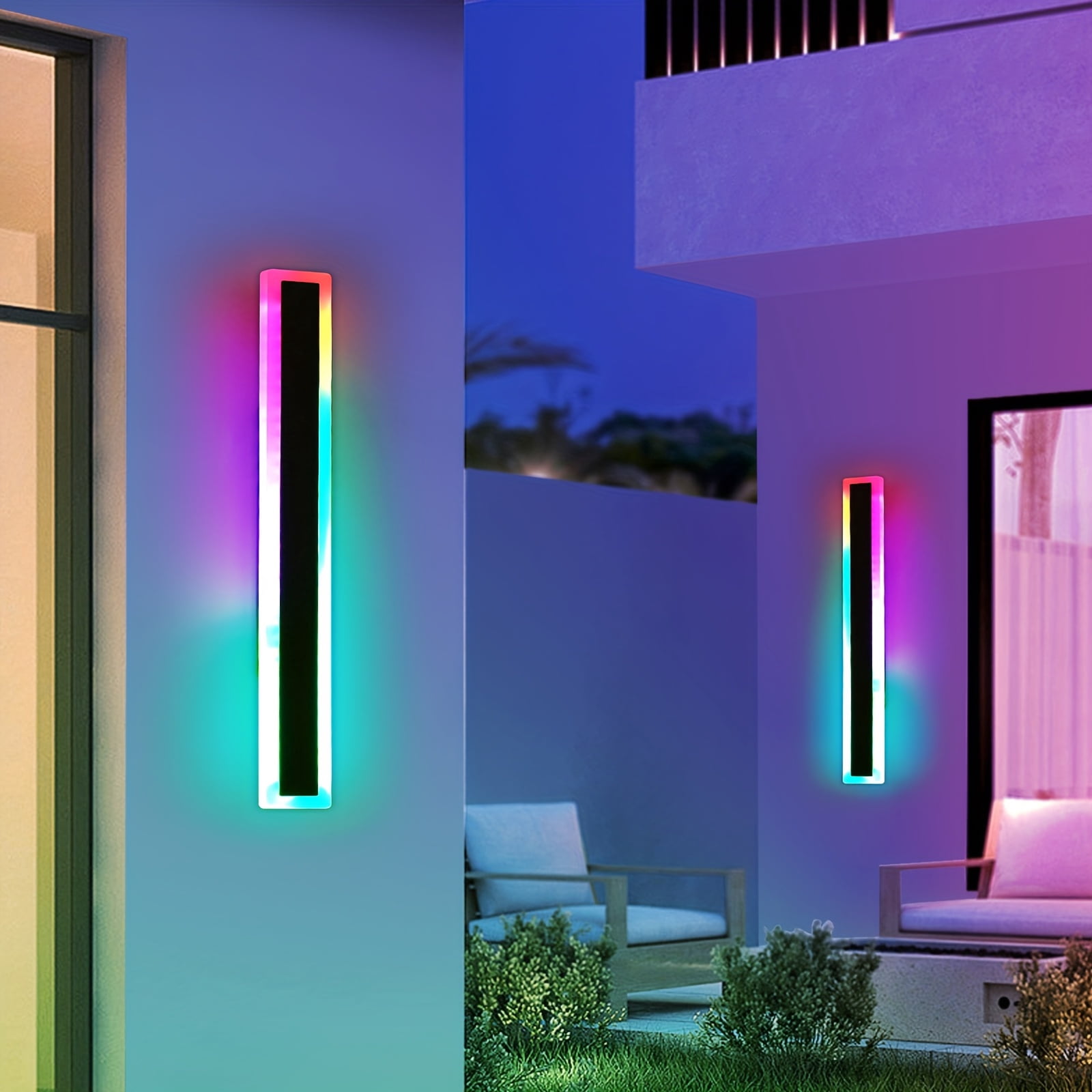 2pcs Outdoor RGB Long Wall Lights – Dimmable LED Wall Sconces with Remote & App Control, Matte Metal Finish for Patio, Garden, Indoor & Outdoor Decor