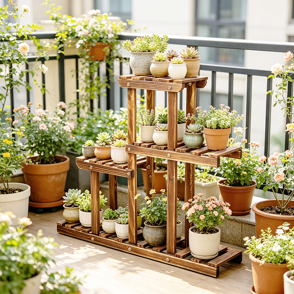 Wisfor Solid Pine Wood Plant Stand Mothproof 8 Potted Flower Succulents Display Shelf Indoor Outdoor,22.8x4.5x19.7 inch