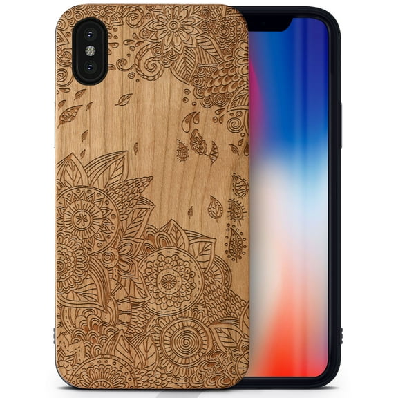 Case Yard Wooden Case Outside Soft TPU Silicone, Slim Fit Shockproof Wood Protective Phone Cover for Girls Boys Men and Women, Supports Wireless Charging Wind Flowers Design case for iPhone-XS-Max