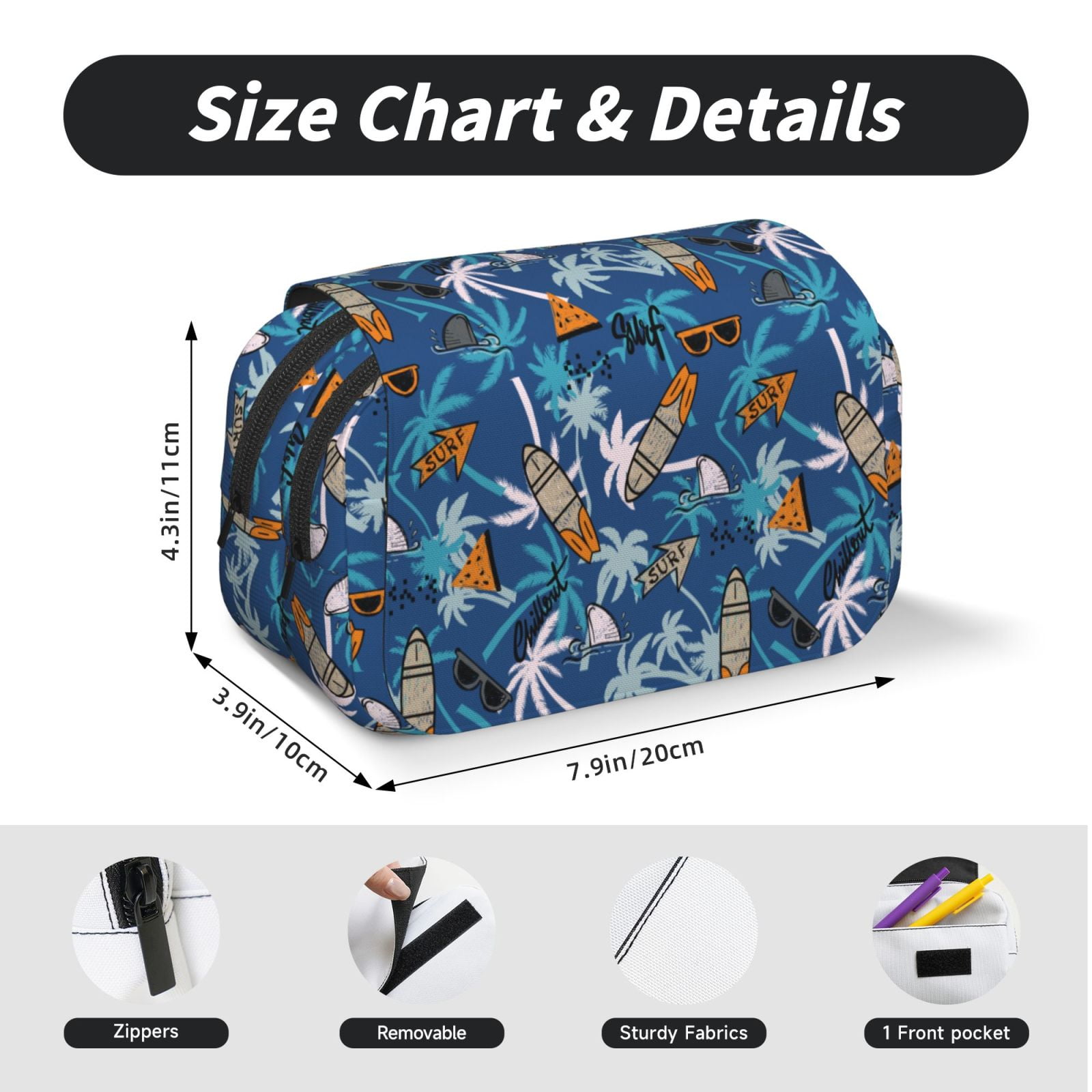 Rateoe Hawaiian Style Pattern Double Clamshell Pen Case, Storage Organizer with Two Zipper Compartments– Holds Up to 50 Pencils & Pens