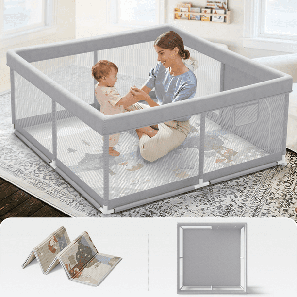 Pkinoicy 47x47inch Play Pen with Mat for Babies and Toddlers, Playpen
