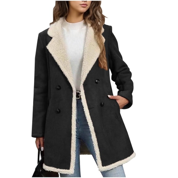 Kukoosong Women's Fleece Jacket, Sherpa Lined Patchwork Warm Coat, Lapel Button Down Long Sleeve Jackets, Fuzzy Winter Coats Outwear with Multiple Pockets