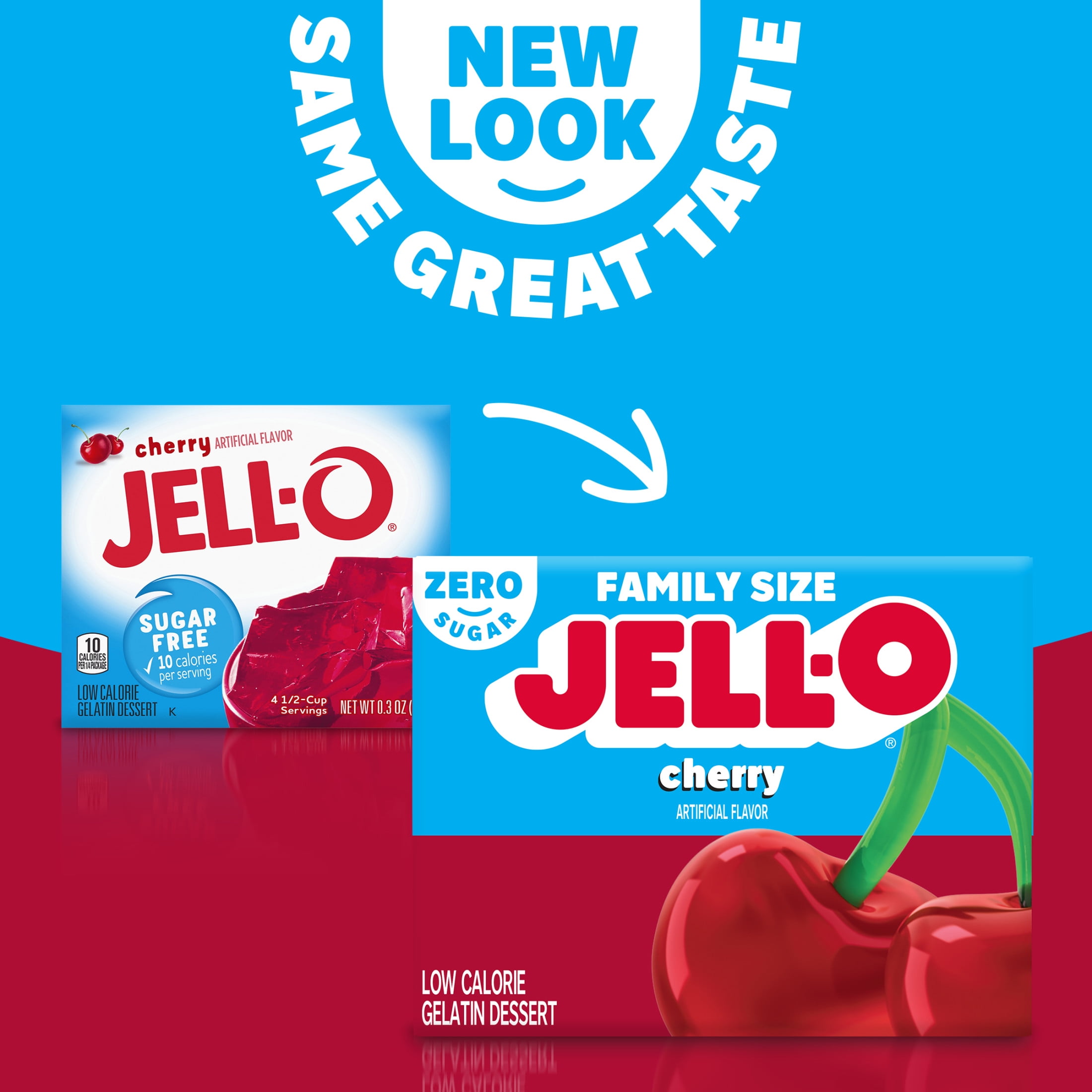 Jell-O Cherry Zero Sugar Low Calorie Gelatin Dessert Mix, Family Size, 0.6 oz Box