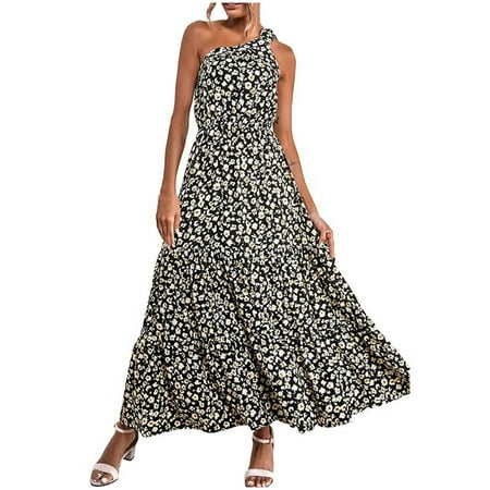 

Wedding Guest Dresses for Women White Dress Women Fashion Women Summer Printing One Shoulder Sleeveless Ruffle Long Dress Savings Clearance Maternity Dress Prom Dresses for Teens Black 2XL
