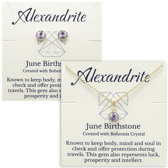 Gold June Birthstone Necklace and Stud Earrings Set with Bohemian Crystals, 14K Gold Plated, Birthday Month Gift, Great for Mom.