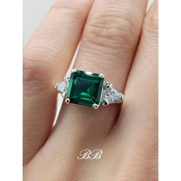 8mm - 10mm Asscher Square Cut, Simulated Emerald, Three Stone Ring, Sterling Silver,