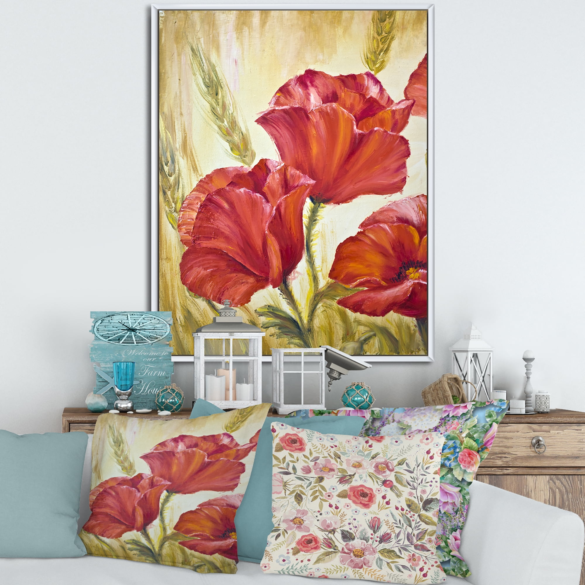 Blossoming Red Poppies In Wheat Fields II 12 in x 20 in Framed Painting Canvas Art Print, by Designart