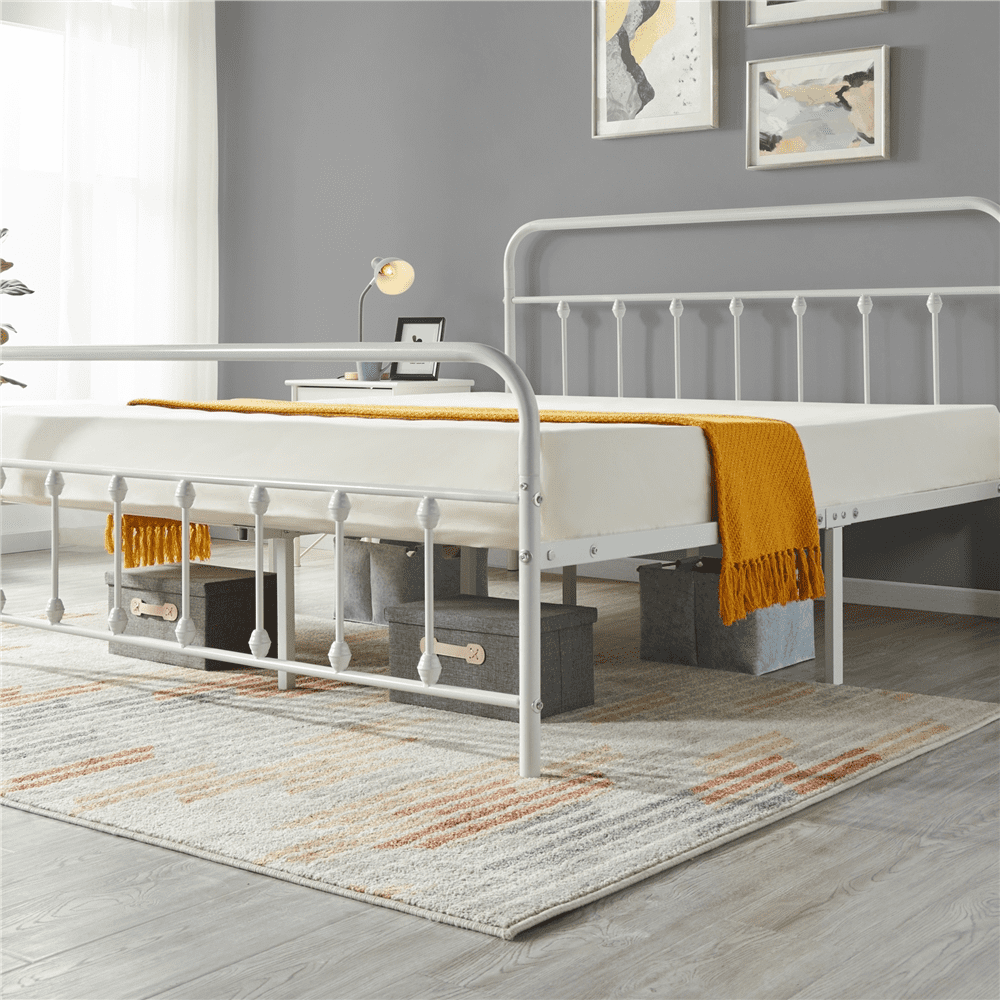 Fullfurnique Metal Platform Bed with High Headboard and Footboard for Adults, Twin, White