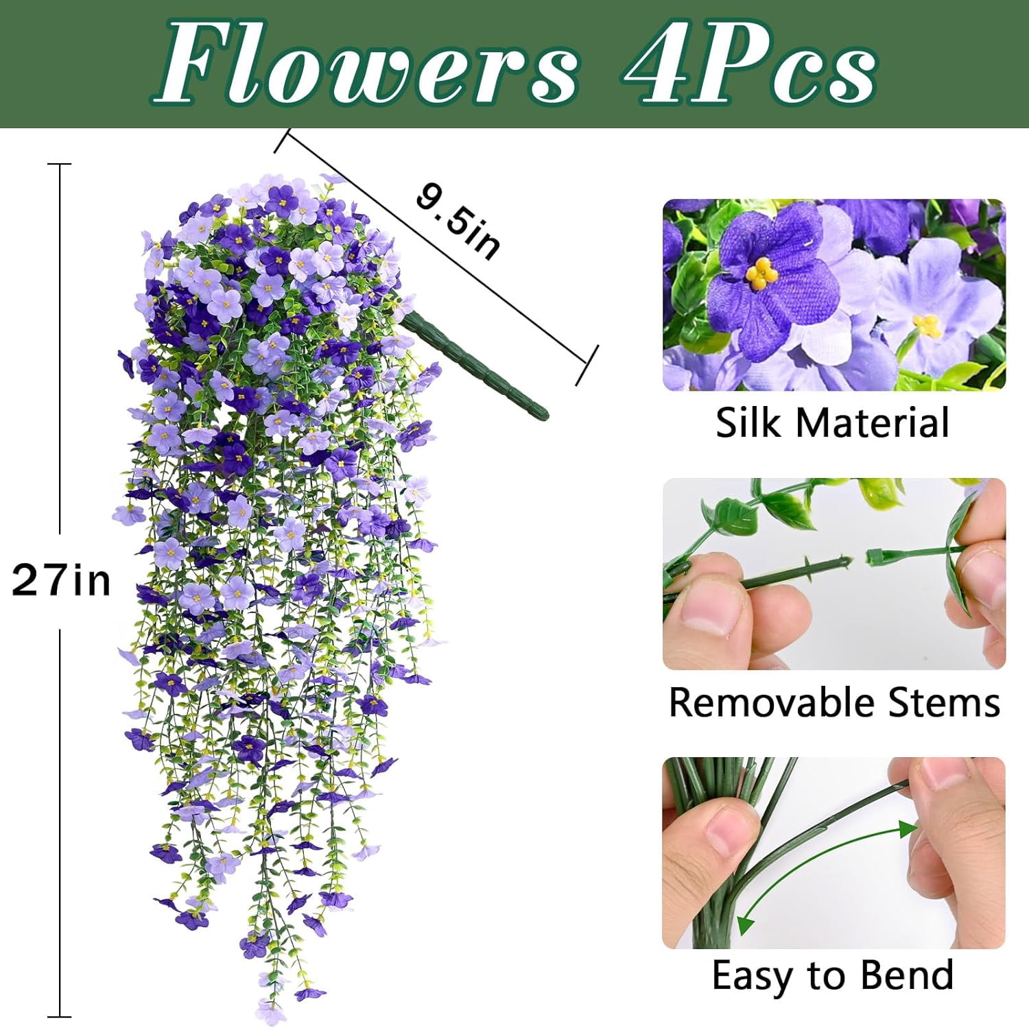 Yastouay 4pcs Artificial Flowers for Outdoors, UV Resistant Hanging Fake Flowers, Purple Violet Outdoor Faux Plants for Garden Balcony Yard Porch