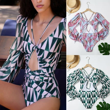 Jacenvly 2024 One Piece Swimsuits for Women Long Sleeve Clearance Fashion Diving Suit Leopard Print V-Neck Surfing Swimwear Lightweight Women Swimwear Printing Bandage Siamese Swimsuit Bikini Blue