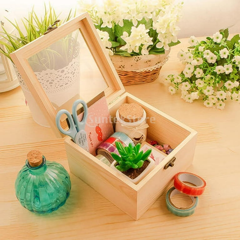 Unpainted Wooden Box Glass Top Storage Case Hinged Container For