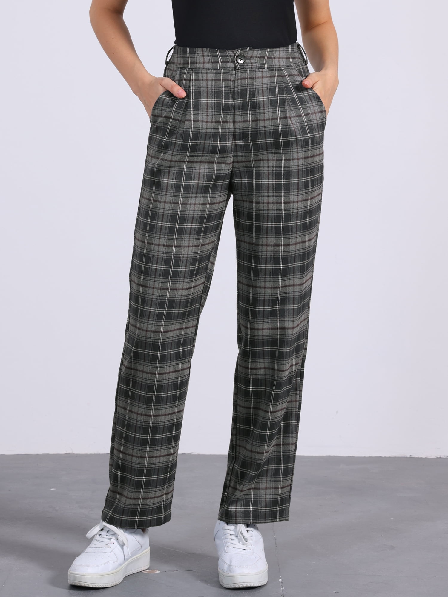 DARING DIVA Women's Plaid Pants Elastic Waist Casual Long Trousers S Dark Gray Brown