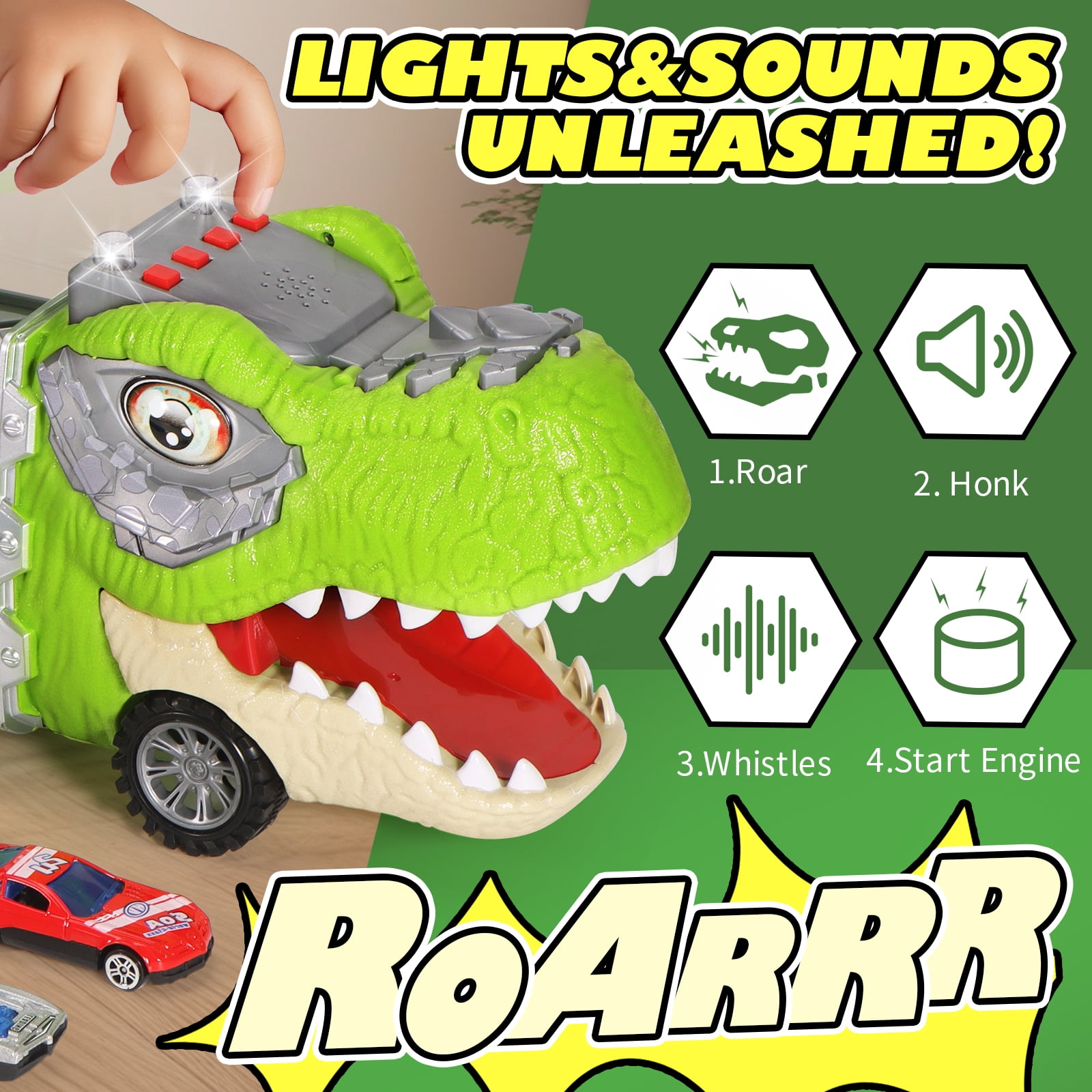 ToyM Dinosaur Truck Toys  for 3 4 5 Years Old Boys, Toddler, Foldable Track & 2 Player Race Mode, Light & Sound, 5-FT Race Track and 8 Die-Cast Metal Toy Cars and 4 dinosaur cars & 13 Accessories