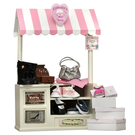 18 In Doll Furniture, COMPLETE Interchangeable Cinderella's Shoe Shop, Signs, Cash Register, Money, Shoes, Boots & Hand Bag