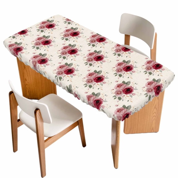 Pink Spring Floral Table Cloths for 4 Foot Rectangle Tables, Farmhouse Flowers Modern Art Patio Waterproof Elastic Fitted Tablecloths, Washable Rectangular Table Cover for Camping