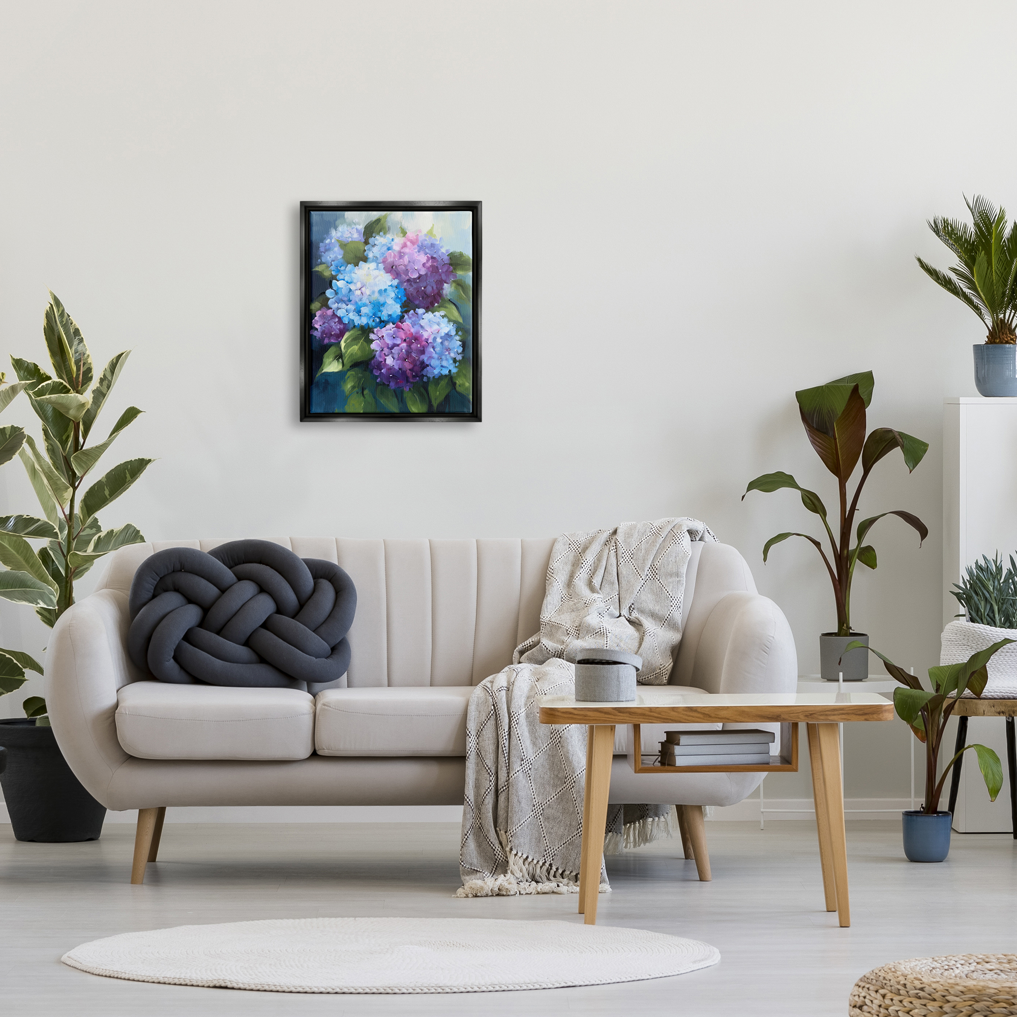 Stupell Industries Blue & Purple Hydrangeas Botanical & Floral Painting Black Floater Framed Art Print Wall Art, 17 x 21