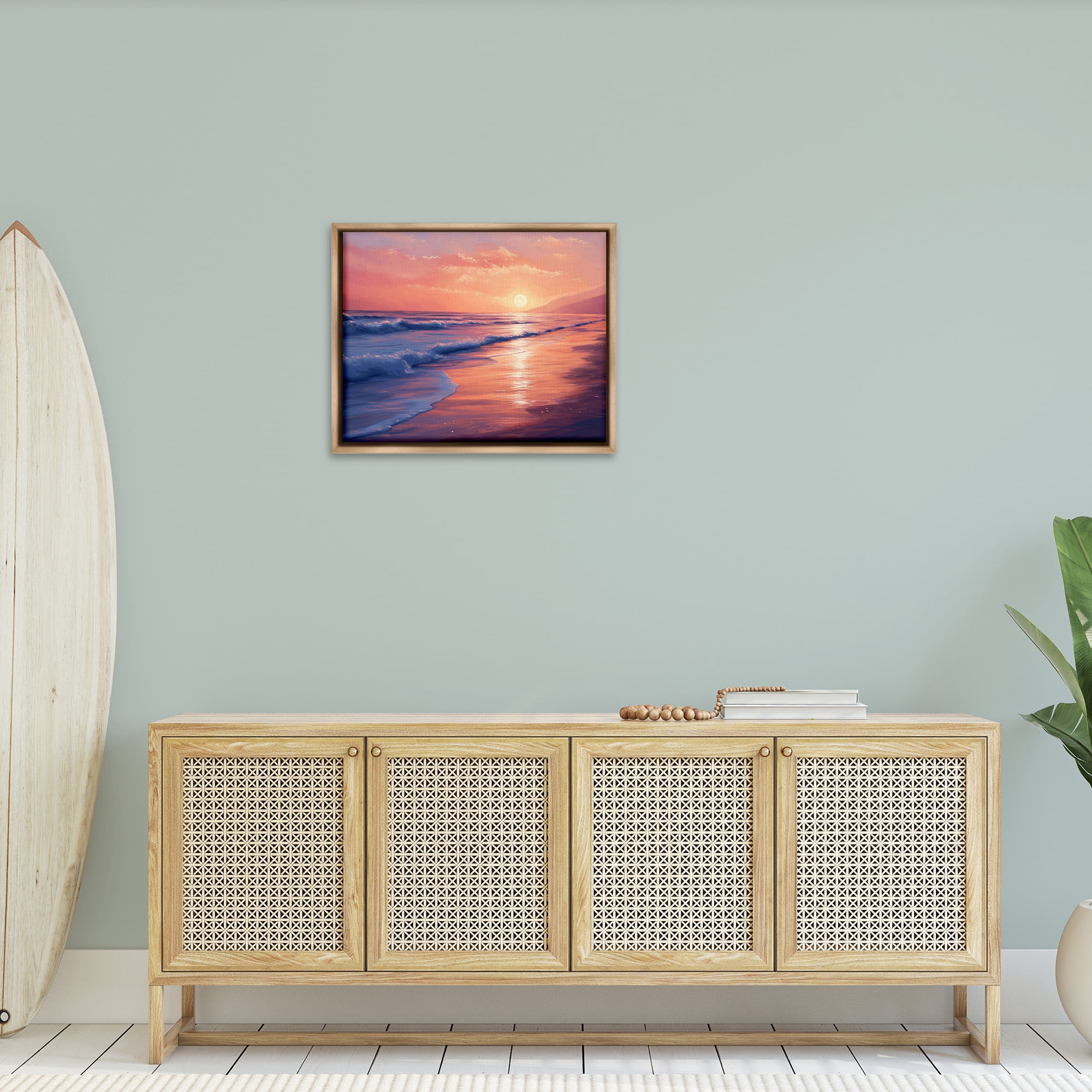 Stupell Industries Sunset over Beach Waves Landscape Photography Brown Floater Framed Canvas Art Print Wall Art, 31 x 25