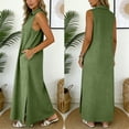 thumbnail image 4 of Hduncf Casual Dresses for Women Summer Sleeveless V Neck Cotton Linen Sundress Solid Color Collared Button Up Beach Maxi Dress Green XL, 4 of 5