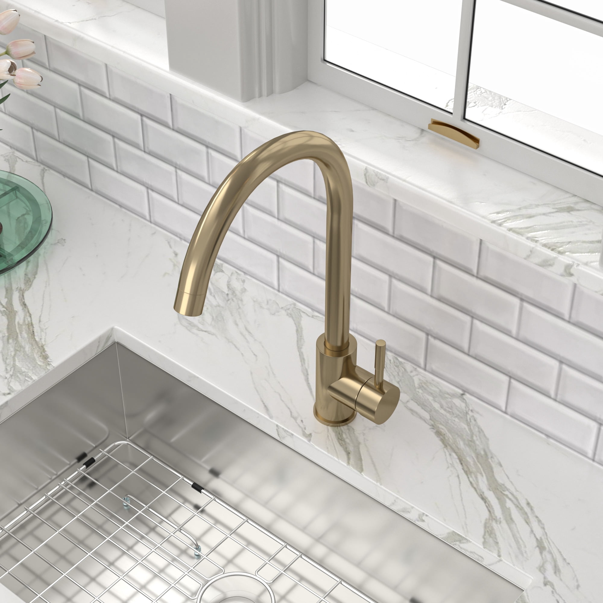 Izzovium Gold Kitchen Sink Faucet with Single Handle, 14.8" High Arc Spout, 360° Swivel, Stainless Steel Construction, Includes Water Supply Hoses