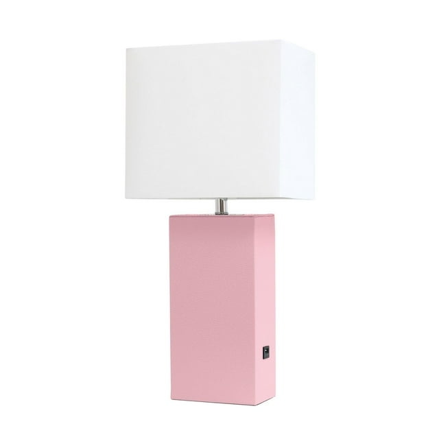 Modern table lamp with pink leather rectangular base and white fabric shade, includes USB port for charging.