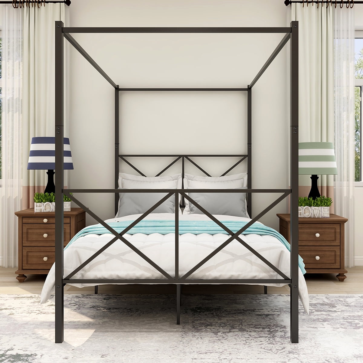 4 Post Metal Canopy Bed With Headboard, King Size Canopy Bed With Storage