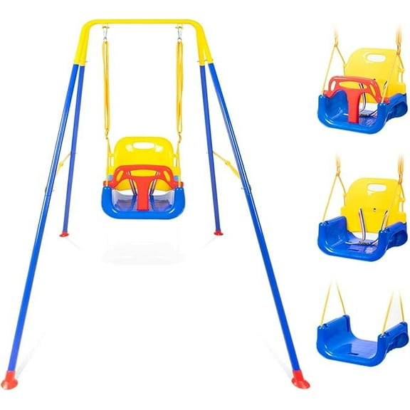 3-in-1 Toddler Swing Set with Foldable Metal Stand, Indoor Outdoor Hammock Frame, Kids Backyard Swing Equipped with 4 Sandbags to Prevent Sideways Tipping
