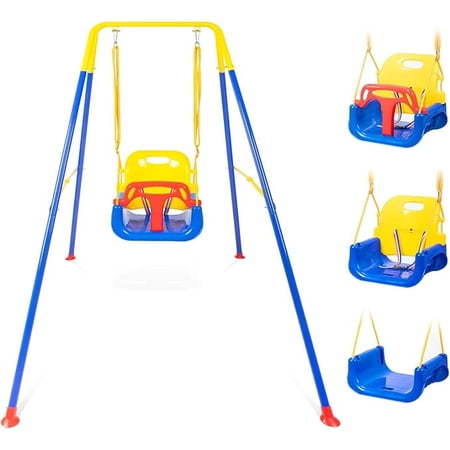 3-in-1 Toddler Swing Set with Foldable Metal Stand Indoor Outdoor Hammock Frame Kids Backyard Swing Equipped with 4 Sandbags to Prevent Sideways Tipping