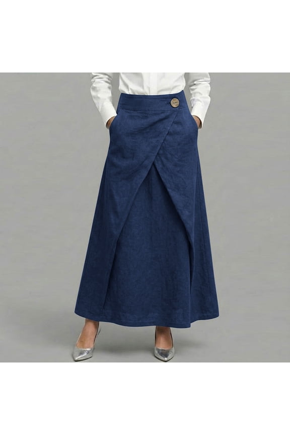Skirts for Women Linen High Waisted Wrap Maxi Skirt Asymmetrical Long Skirt Elegant Skirt Work Office Skirt with Pockets for Business Casual Events Dark Blue M
