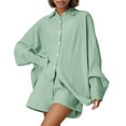 thumbnail image 4 of Women's 2 Piece Cotton Outfits, Loose Casual Long Sleeve Button Shirt and Shorts Tracksuit Beach Vacation Sets 2 Piece Outfits for Women Green XL, 4 of 7