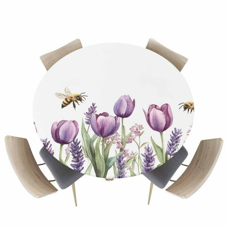 Round Fitted Tablecloth Spring Pastoral Purple Flower Bee on White Circle Table Cover Waterproof Table Cloth with Elastic Edge Watercolor Floral Outdoor Tablecloths for Kitchen Picnic 45-54in