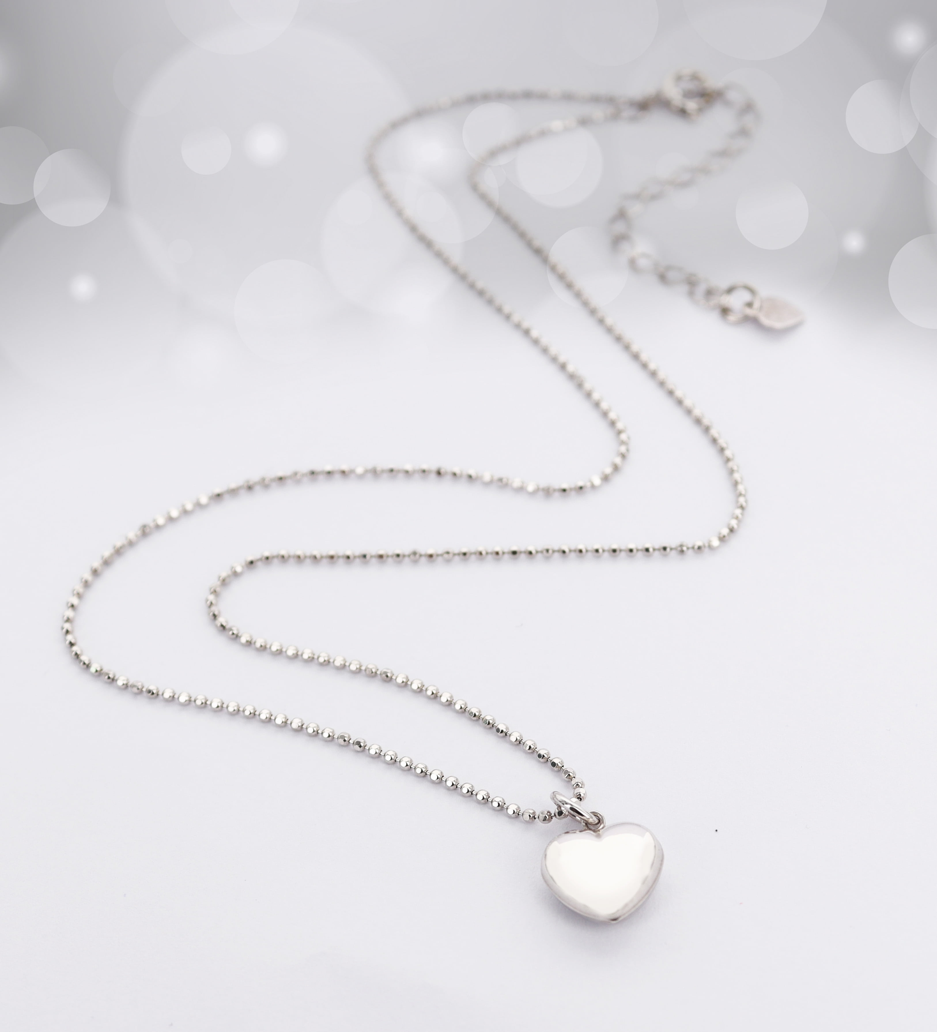 Brilliance Fine Jewelry Sterling Silver Rhodium Plated Puff Heart on Beaded Chain Necklace, 16"+2"