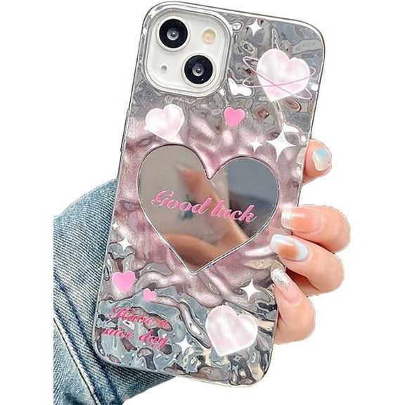 Cute Pink White Love Heart Star Water Ripple Plating Mirror Lanyard Chain Phone Case Compatible with iPhone Case (Silver,iPhone 15 Pro Max)