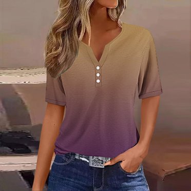 Meichang Hauts à Manches Mi-Longues pour Femmes Chemises Henley Dégradées Tendance Boutonnées Col en V T-Shirts Habillés Décontractés pour le Travail