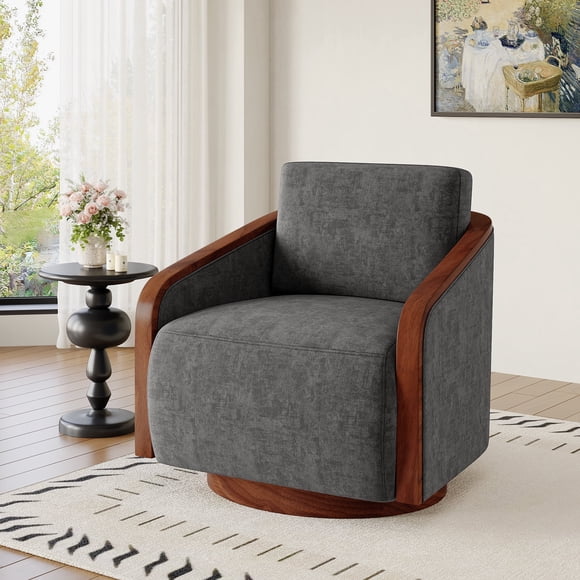 DREAMSIDEA High Back Swivel Chair with Wooden Arms, Square Back Modern Swivel Accent Chair for Living Room&Office,Upholstered Chenille Fabric Swivel Lounge Chair(Dark Grey, Set of 1)