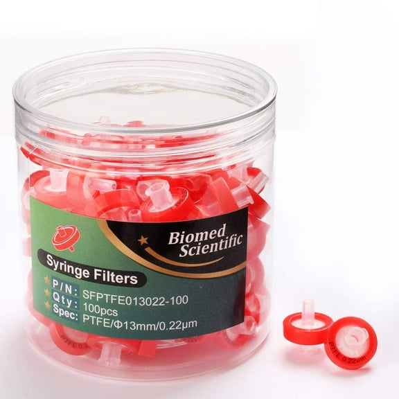  Syringe Filter PTFE Hydrophobic Membrane 100PCS 13mm Disc Diameter 0.22μm Pore Size，HPLC and GC Filter，High Throughput Lab Filtration，Non Sterile,  Barreled Packed
