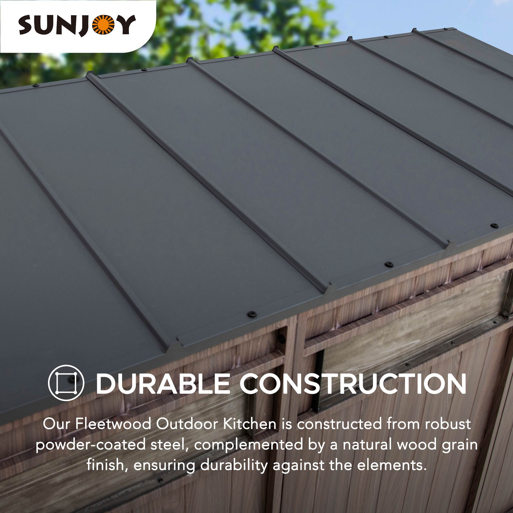 Sunjoy 7 x 3 Pi. Station de Cuisine Extérieure Station de Barbecue avec Porte Supérieure Relevable et Portes Coulissantes Pliantes pour un espace compact