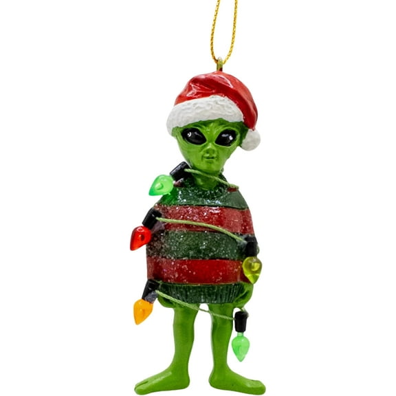 Alien in Ugly Christmas Sweater Party Wrapped in Lights Holiday Tree Ornament