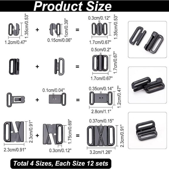 1box 56sets 4 style Swim Suit Bra Hooks Replacement Plastic Swimsuit Bra Hooks Bra Strap Adjuster Slide Hook Clothing Bra Accessories for Swimsuit Lingerie Slip Dress 17mm to 32mm Black