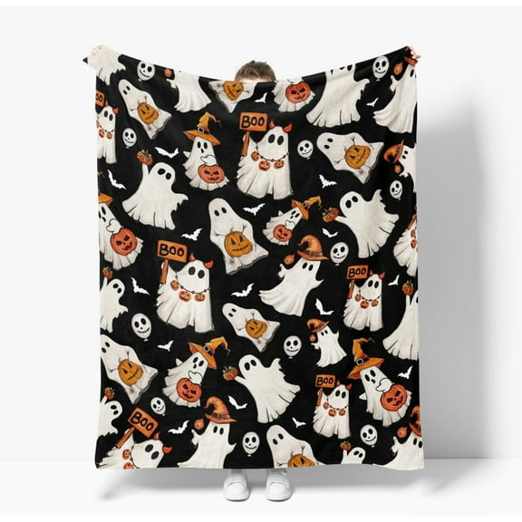 50*60in Halloween Flannel Throw Blanket, Ghost Boo Pumpkin Skulls Blanket, Soft Cozy Fleece Blankets for Couch Sofa Bed Lounging, Ideal Halloween Gifts