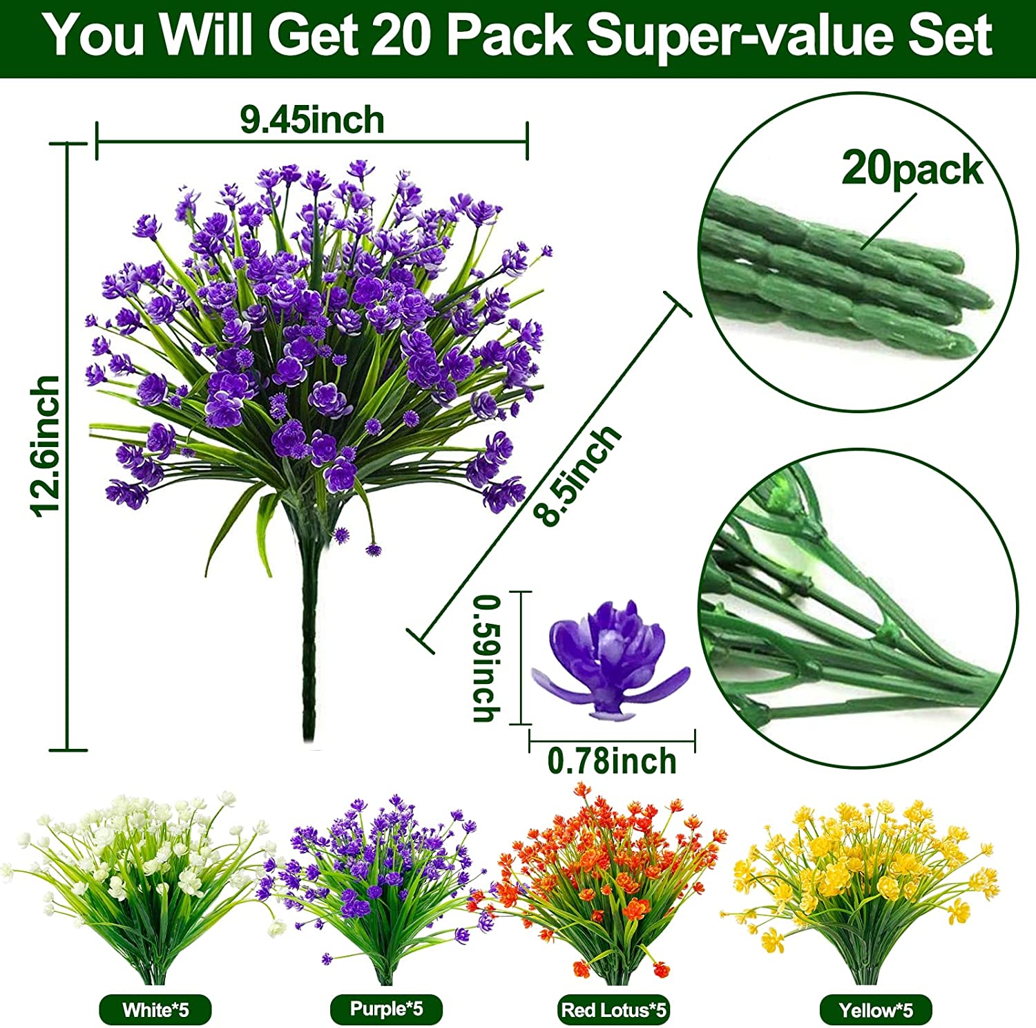 20 Bundles Artificial Flowers for Outdoor Decoration, Fall Decoration UV Resistant Faux Outdoor Plastic Greenery Shrubs Plants Fake Flowers Home Garden Fall Decor(Orange Red)
