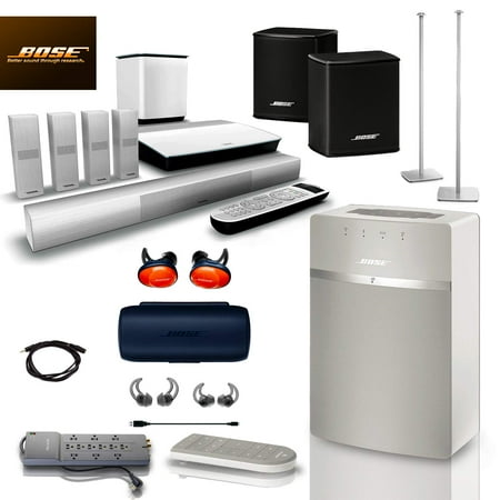 Bose SoundTouch 10 Wireless Music System (White), SoundSports FREE wireless earphones, Wireless Surround Speakers, Lifestyle 650 Home Theater System, Omni Jewel Stands Complete Home Setup (Reed)