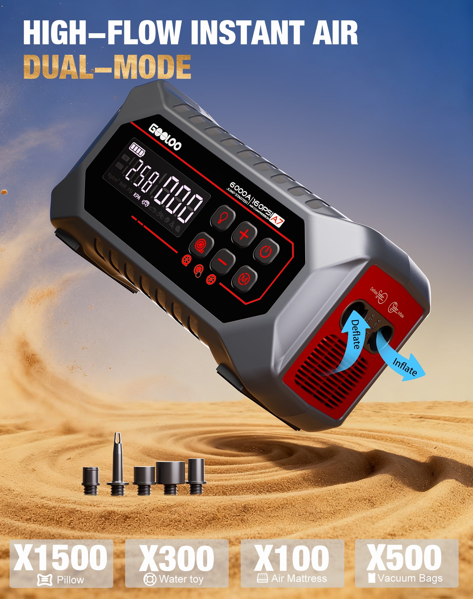 GOOLOO A7 Jump Starter with Air Compressor, 6000A 12-in-1 Jump Box for All Gas Engines & Up to 10L Diesel, 160 PSI Tire Inflator & Air Pump (Inflate/Deflate) with USB-C PD and LED Emergency Light